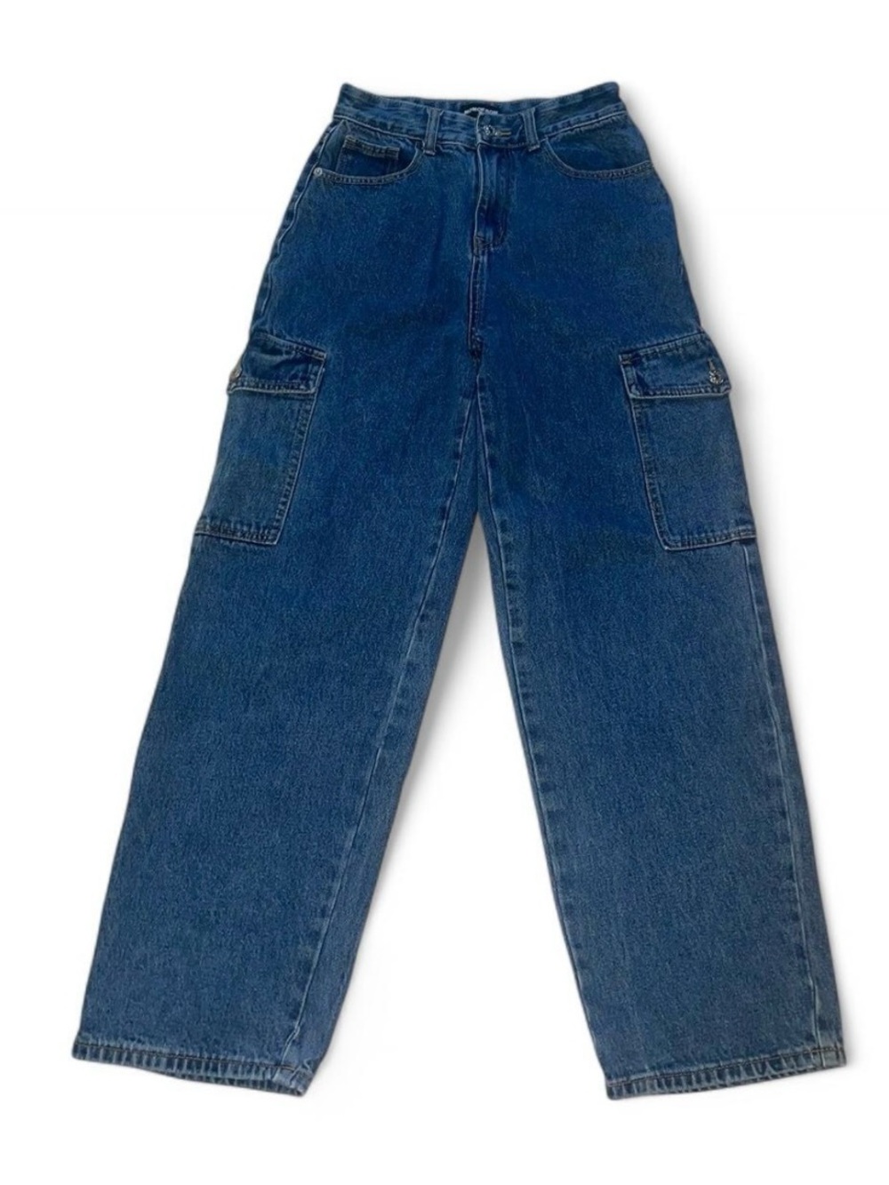 Momokrom blue denim cargo mom jeans with a relaxed fit in size UK 6 EU 34